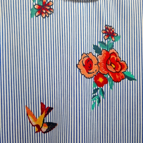 Agnes & Dora Tunic Tank Blue White Pinstripes Floral Birds Size M Flowy Stretch - Picture 4 of 4